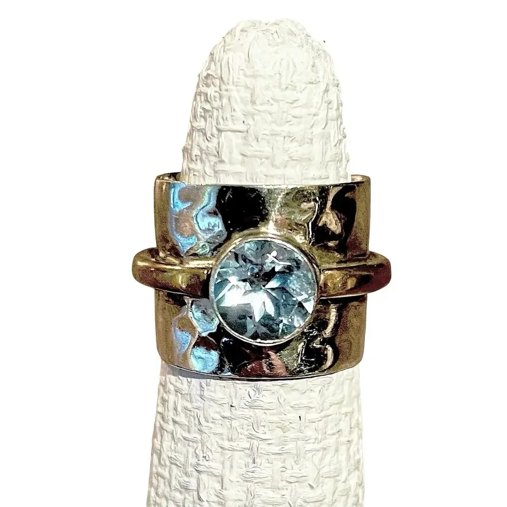 EUC -  Blue Topaz Hammered Sterling Silver & Brass Cigar Band Ring